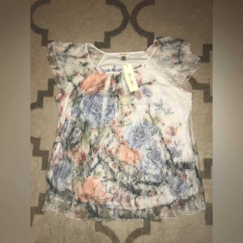 Brittany Black - Short Flutter Sleeve Top - Lace Overlay - Floral Design